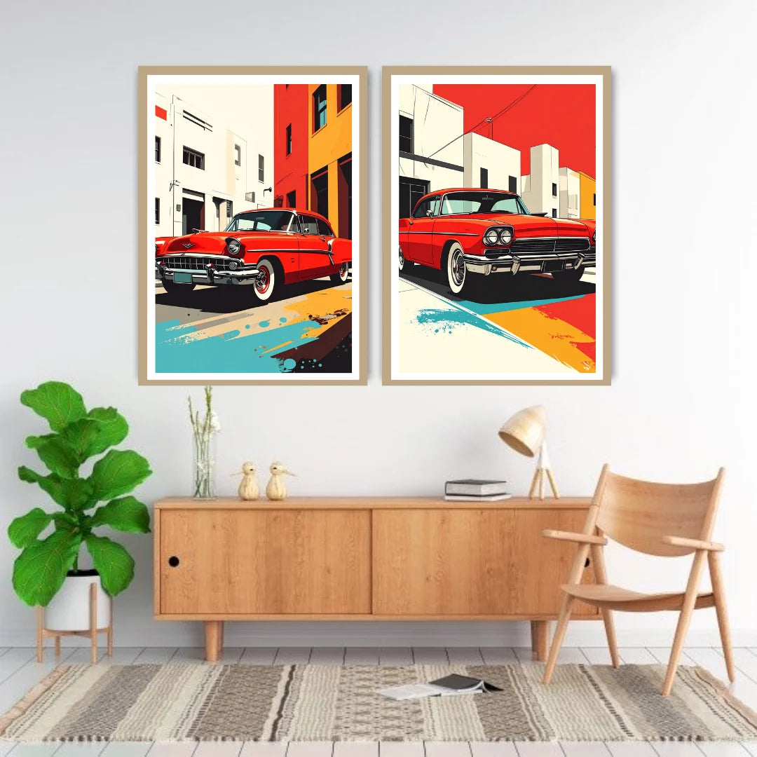 Retro city car canvas wall art set
