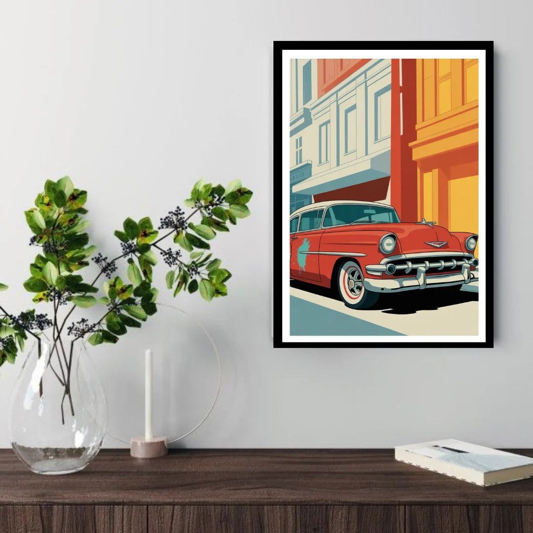 Classic red car urban canvas wall art
