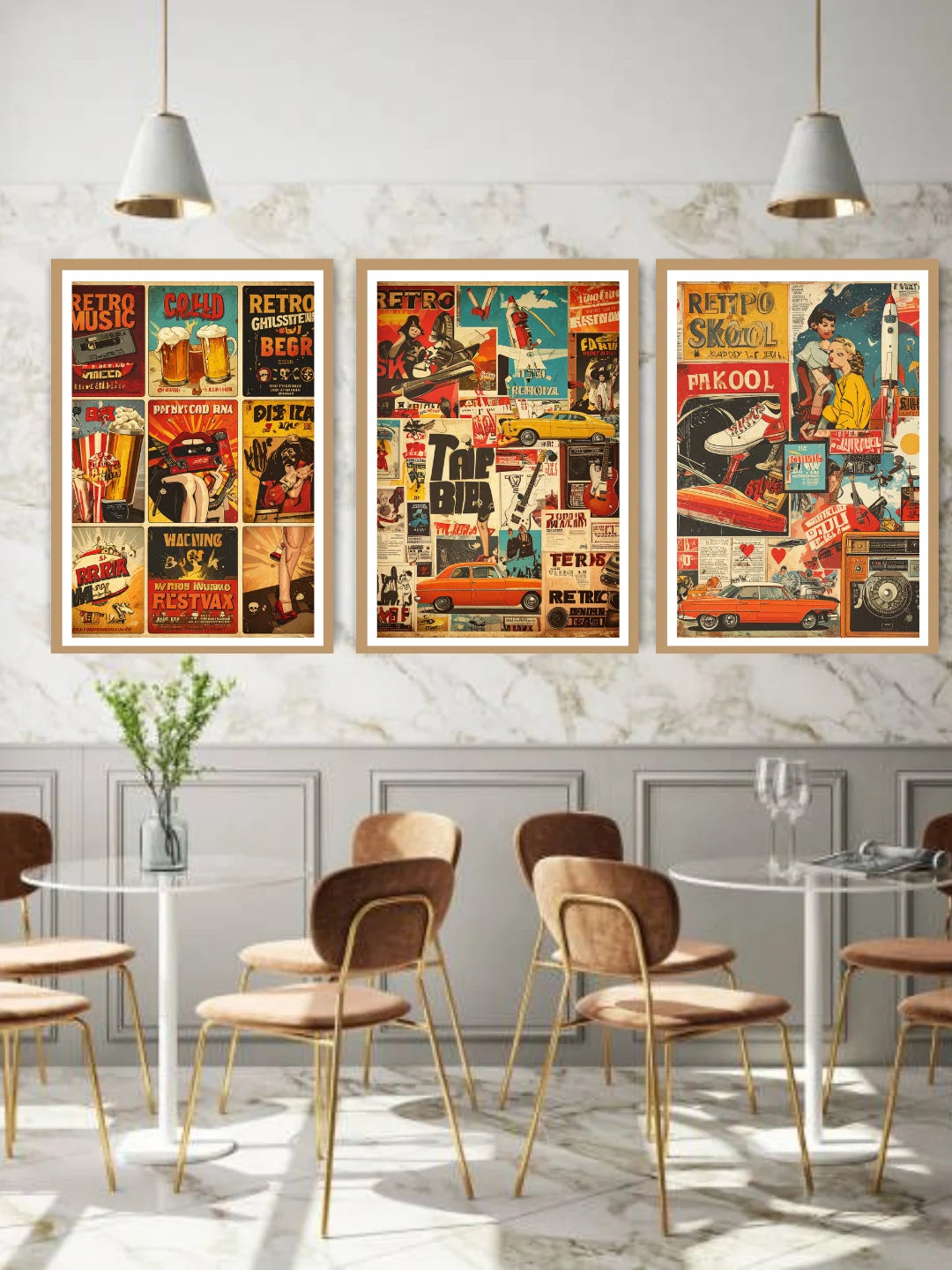 Retro food cafe poster style canvas wall art set of 3 in dining area