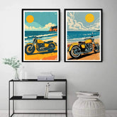 Retro motorcycle sunset canvas wall art set
