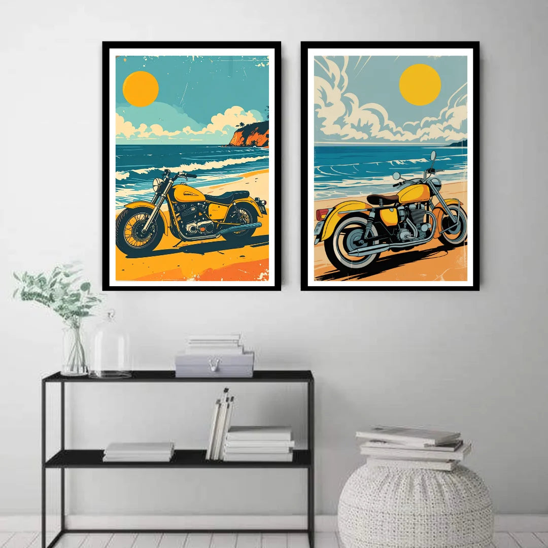 Retro motorcycle sunset canvas wall art set
