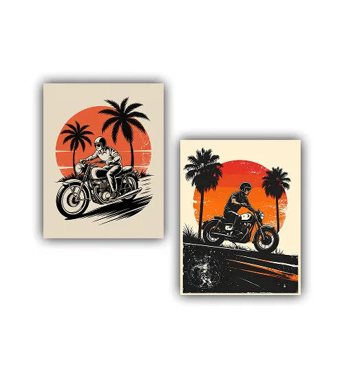 Retro motorcycle sunset canvas wall art painting
