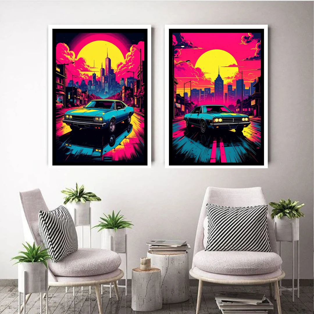 Retro neon cityscape car canvas wall art painting
