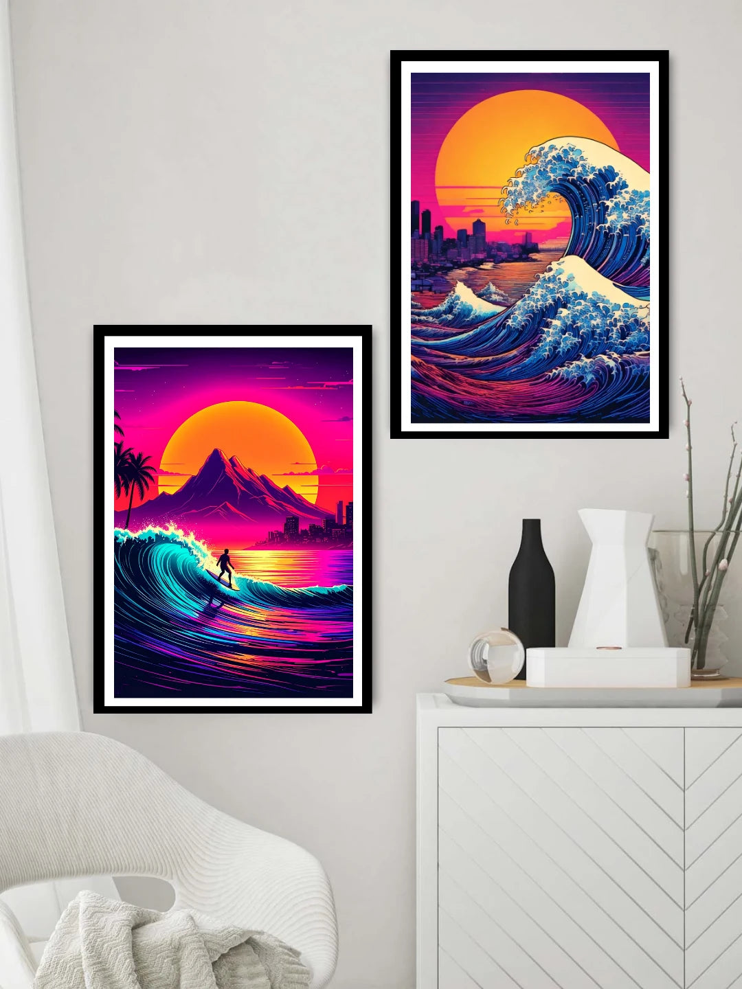 Retro neon sunset ocean wave canvas wall art set of 2 in modern interior