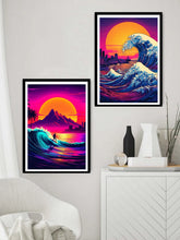 Retro neon sunset ocean wave canvas wall art set of 2 in modern interior