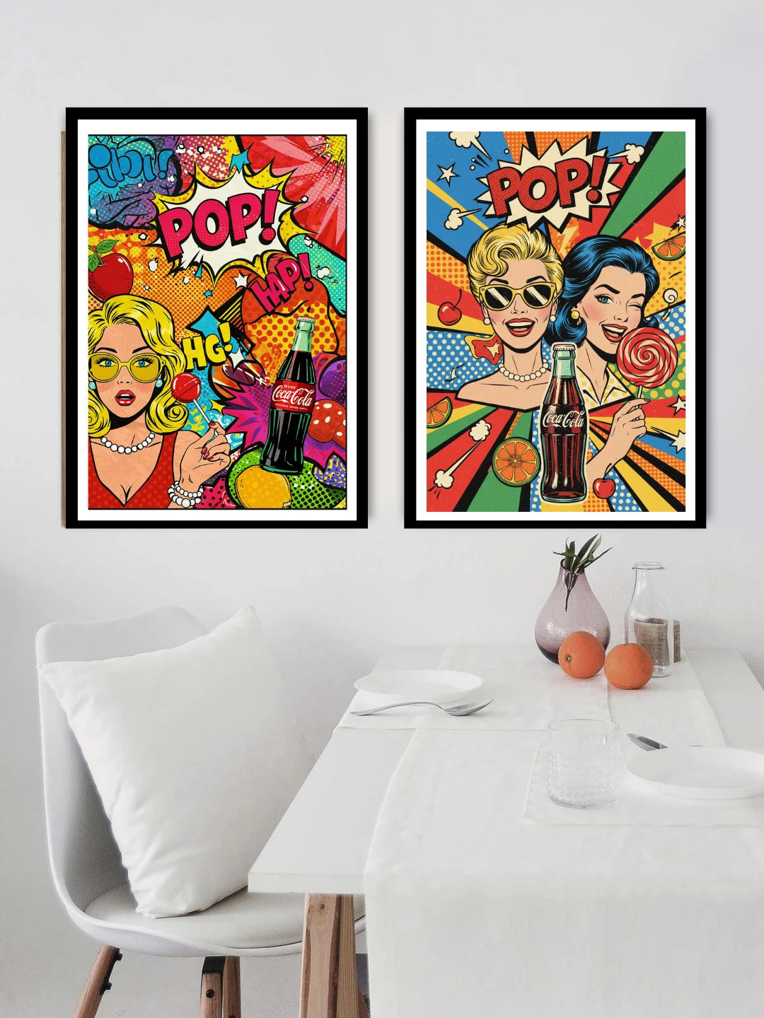 Retro pop art comic style portrait canvas wall art set of 2 in modern interior