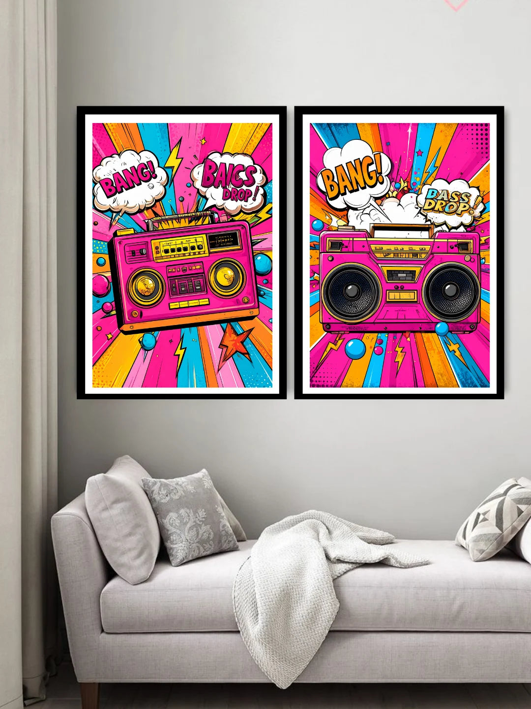 Retro pop art music boombox canvas wall art set of 2 in modern interior