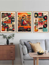 Retro poster style canvas wall decor set in living room