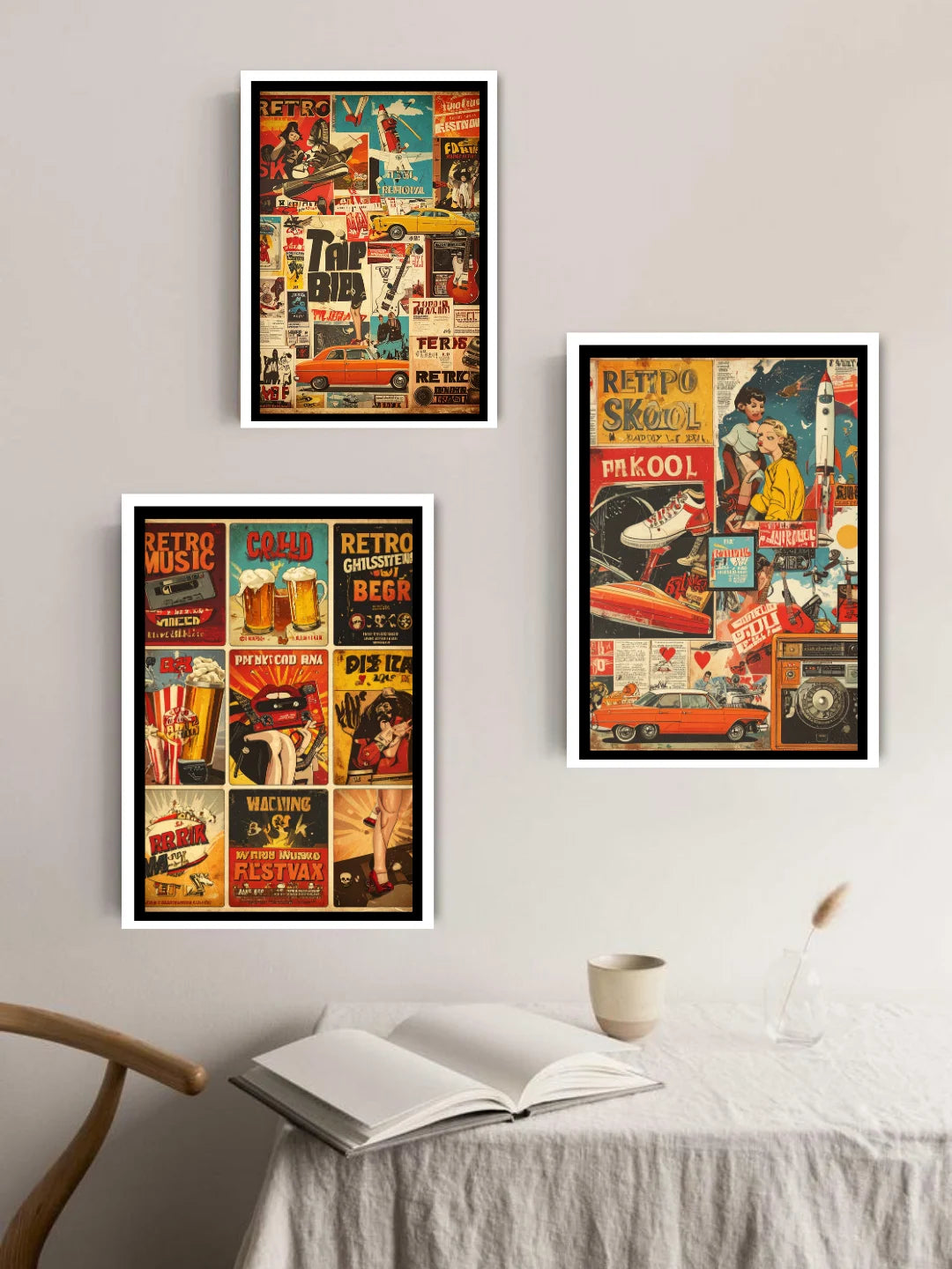 Retro restaurant poster style canvas wall decor set