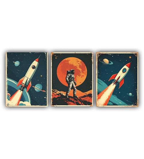 Retro rocket and astronaut canvas wall art set
