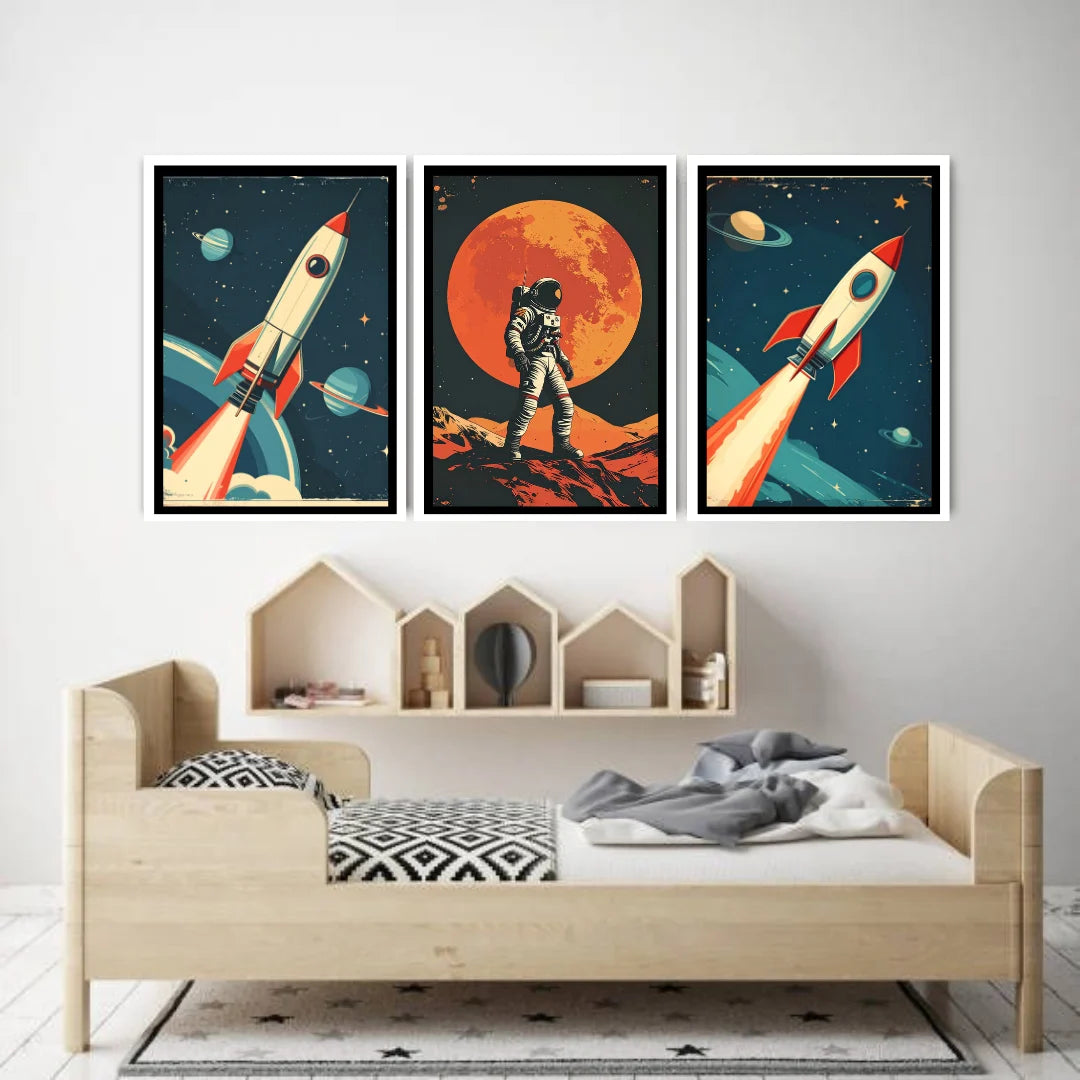 Astronaut and rocket retro space canvas wall art
