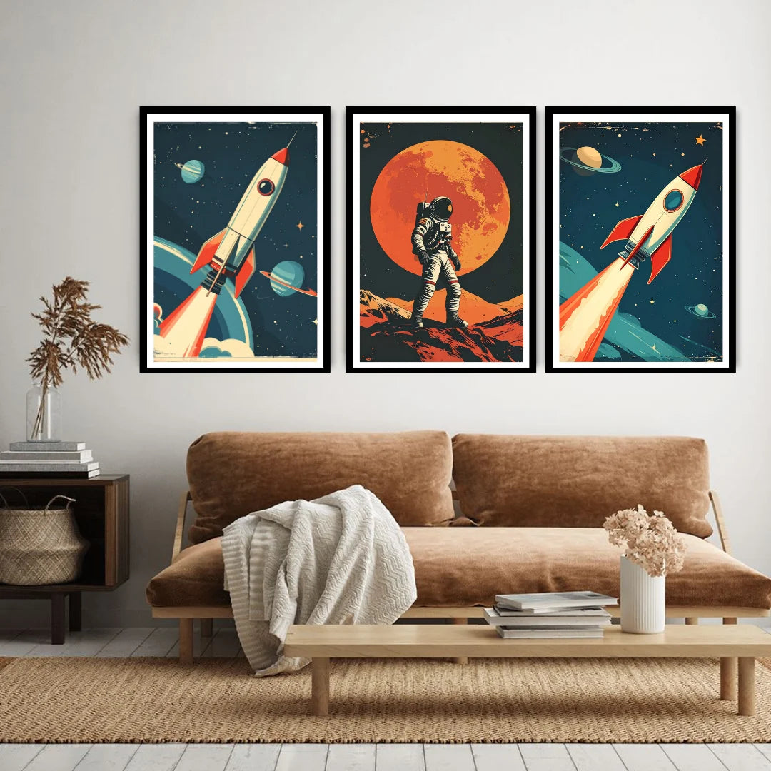 Retro space rocket astronaut wall art canvas painting set
