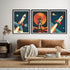 Retro space rocket astronaut wall art canvas painting set
