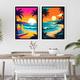 Retro sunset beach palm tree canvas wall art

