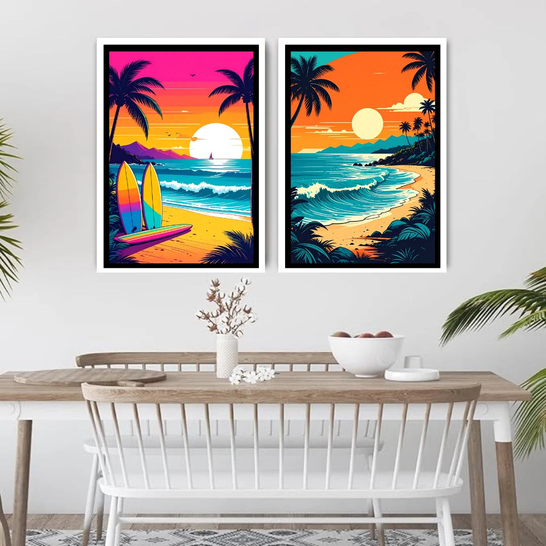 Retro sunset beach palm tree canvas wall art
