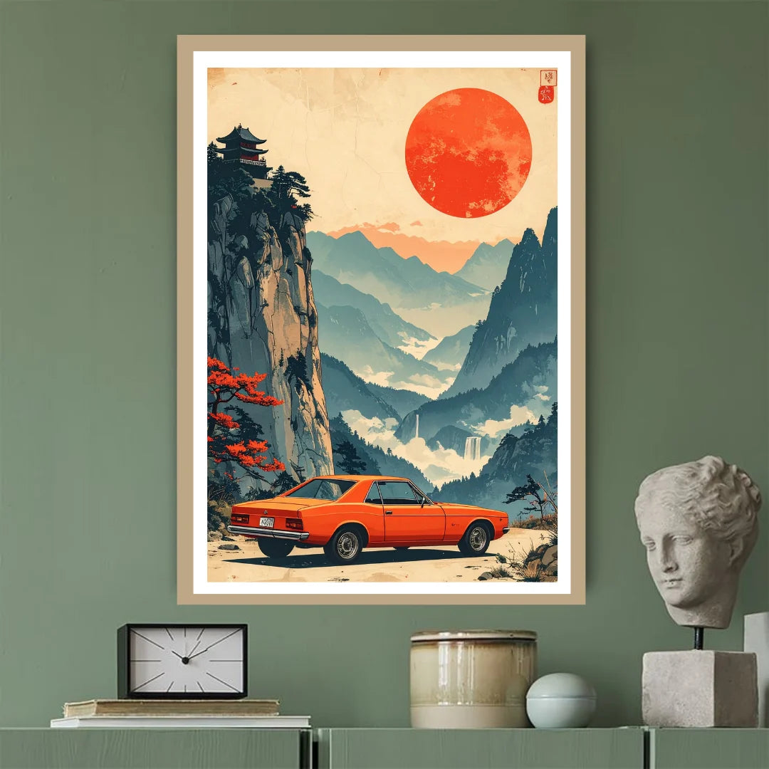 Retro vintage car driving into sunset