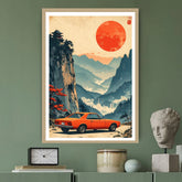 Retro vintage car driving into sunset