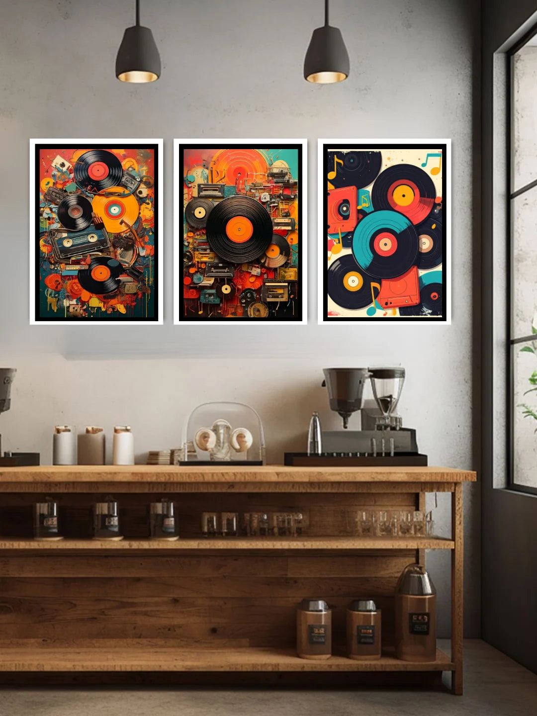 Retro vinyl record pop art canvas wall art set of 3 in modern interior