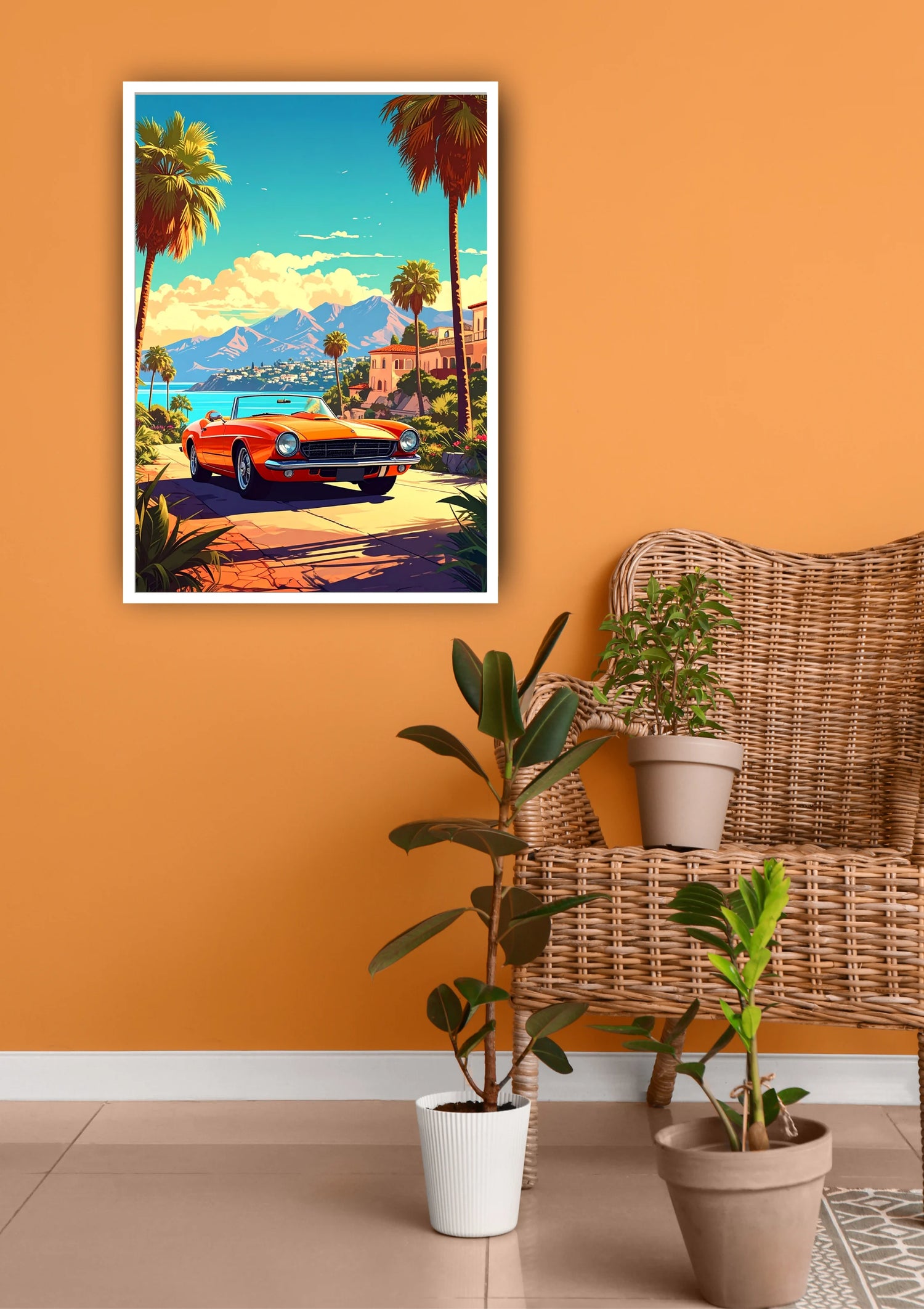 Vintage car palm tree canvas wall art painting
