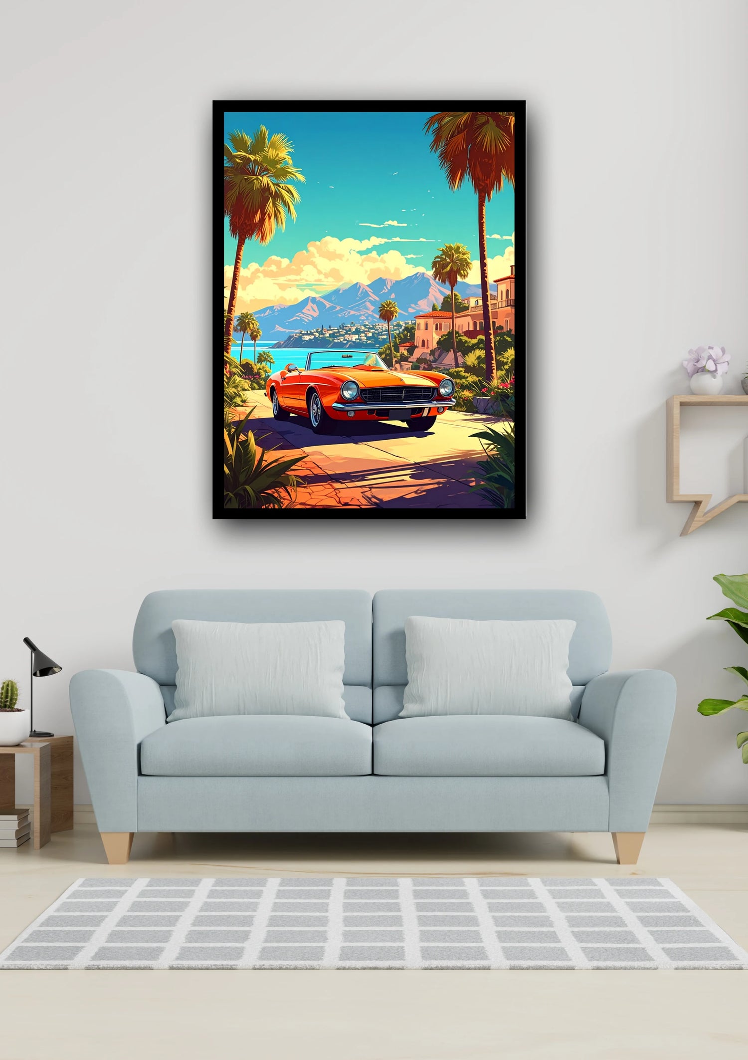 Retro tropical car landscape canvas wall art
