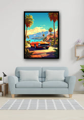 Retro tropical car landscape canvas wall art
