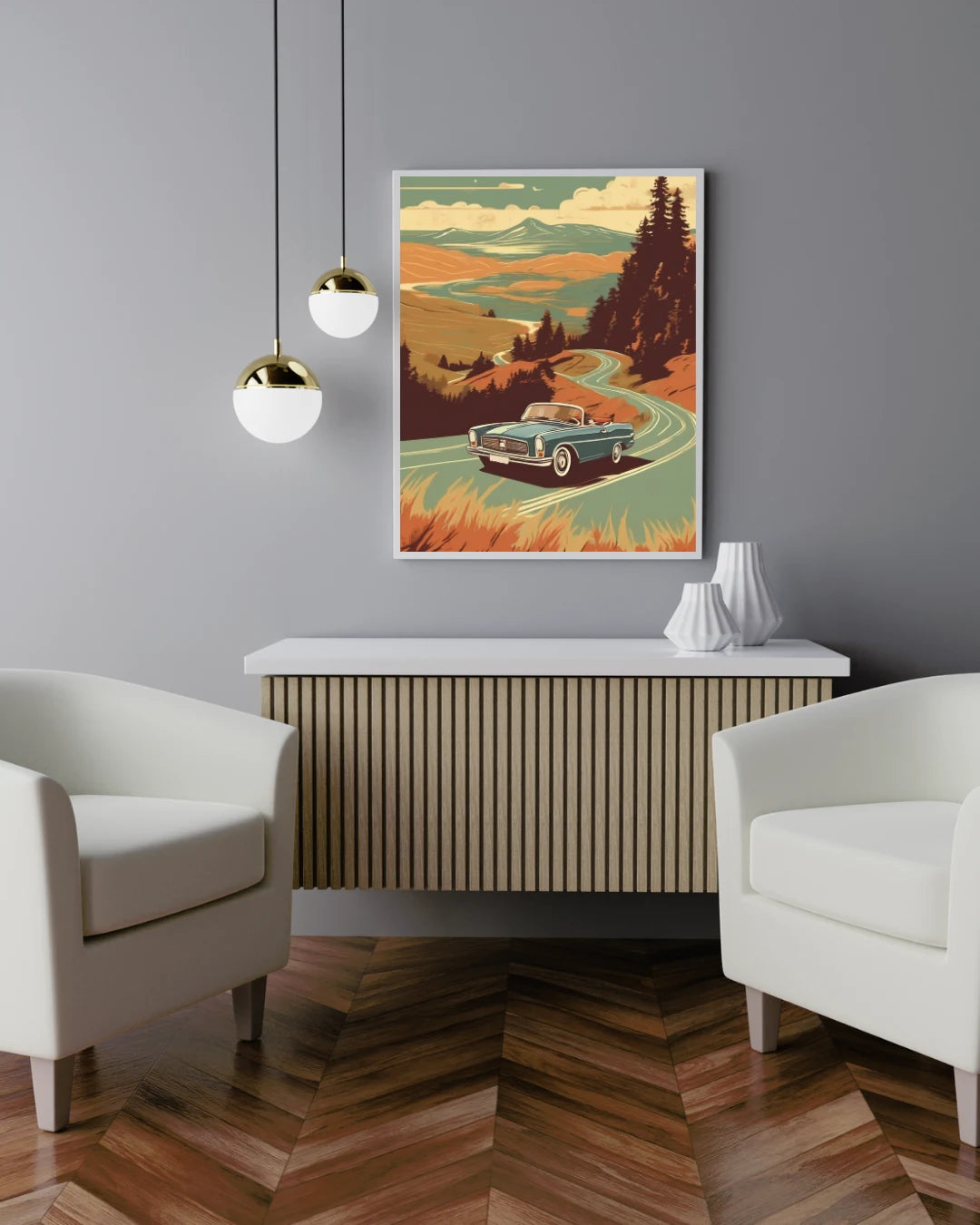 Musical-influenced landscape artwork displayed in modern interior