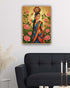 Framed artwork of a traditional Indian woman with flowers on a wall above a black sofa.
