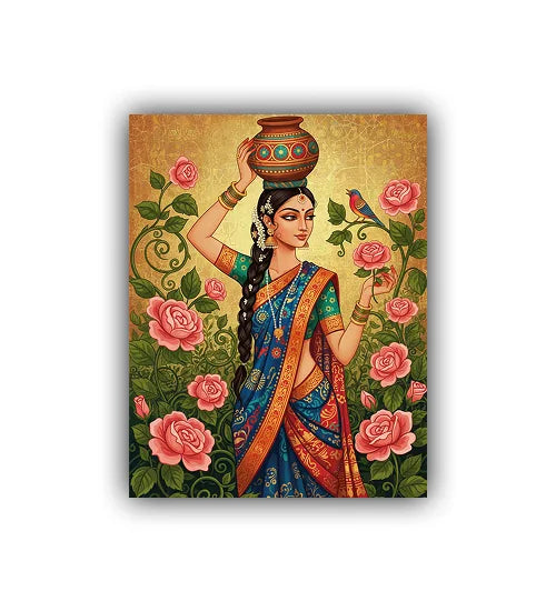 Canvas print of a woman in traditional attire with flowers and a bird on a gold background
