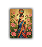 Canvas print of a woman in traditional attire with flowers and a bird on a gold background
