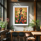Framed artwork of a woman in a colorful saree with flowers and a bird in a modern interior setting.