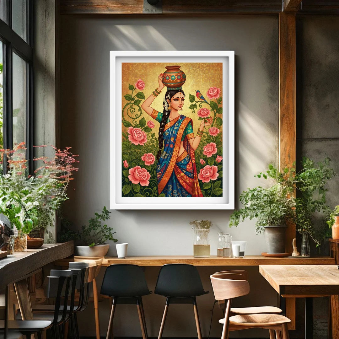 Framed artwork of a woman in a colorful saree with flowers and a bird in a modern interior setting.