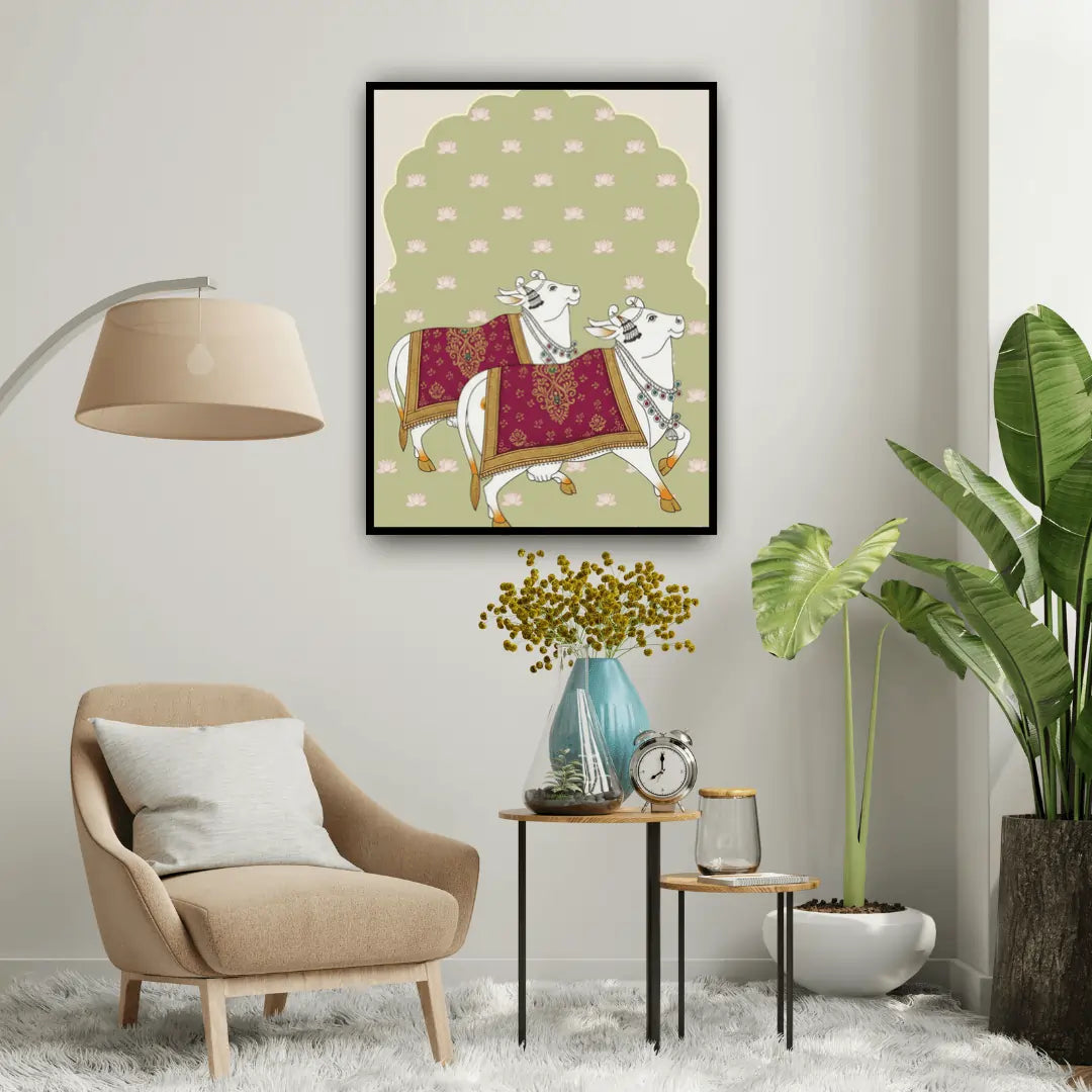 Living room with a beige armchair, side table, and decorative wall art.