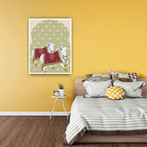 Bedroom with yellow walls, a bed with striped bedding and decorative pillows, and a framed artwork on the wall.