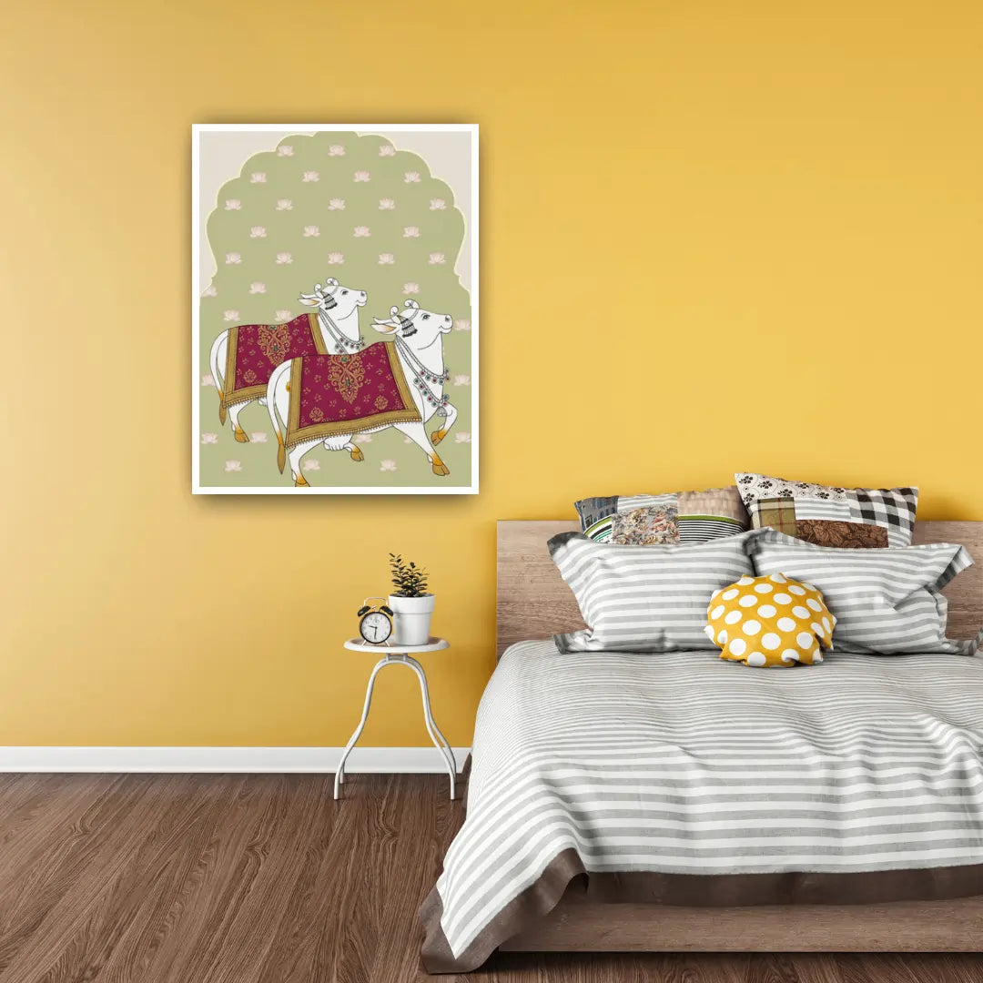 Bedroom with yellow walls, a bed with striped bedding and decorative pillows, and a framed artwork on the wall.