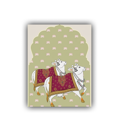 Decorative card with two cows and a decorative cloth on a patterned background