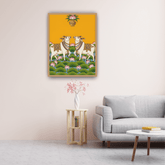 Framed artwork of two deer on a yellow background in a living room setting.