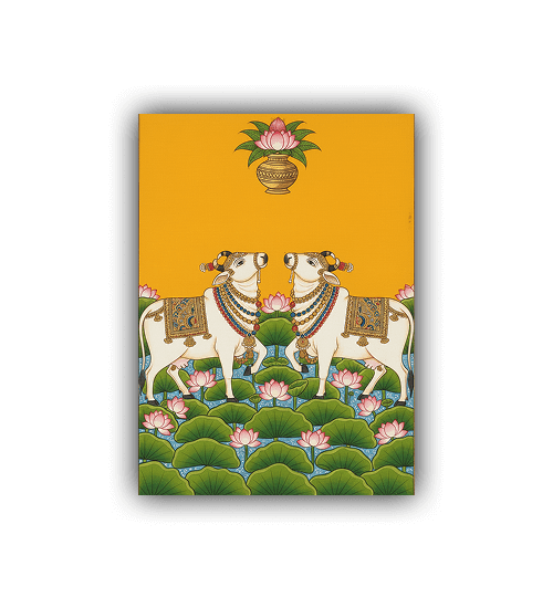 Decorative panel with two cows on lily pads against a yellow background