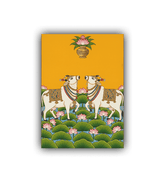 Decorative panel with two cows on lily pads against a yellow background