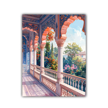 A vertical rectangular art print or poster showing an ornate architectural balcony with pink arches, columns, and a garden view, presented against a plain white background.