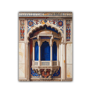 A vertical rectangular wall art print depicting an ornate architectural balcony or pavilion with cream stone detailing, blue draped interior panels, and colorful floral motifs around the arches, shown against a plain white background.