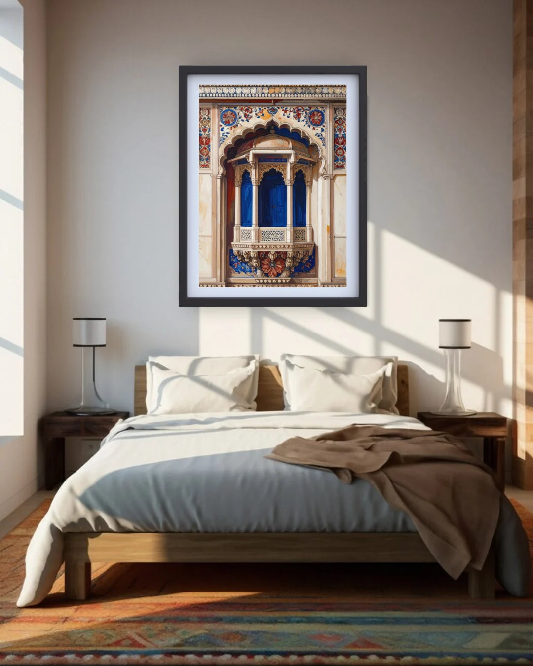 A framed art print of an ornate Indian palace balcony with blue arches and colorful mosaic details, displayed on a beige wall above a neatly made bed in a modern bedroom setting.