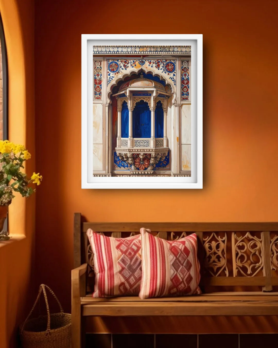A framed art print depicting a traditional Indian chai window with blue shutters and ornate beige and blue detailing, hanging on a warm orange wall above a wooden bench with patterned cushions.