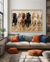 Colorful framed artwork with a man and dog on a bench in a dining room.