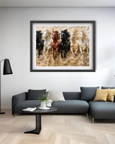 Framed artwork of horses running in water above a modern living room setup.
