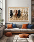 Running horses canvas wall art painting displayed above cabinet in modern interior
