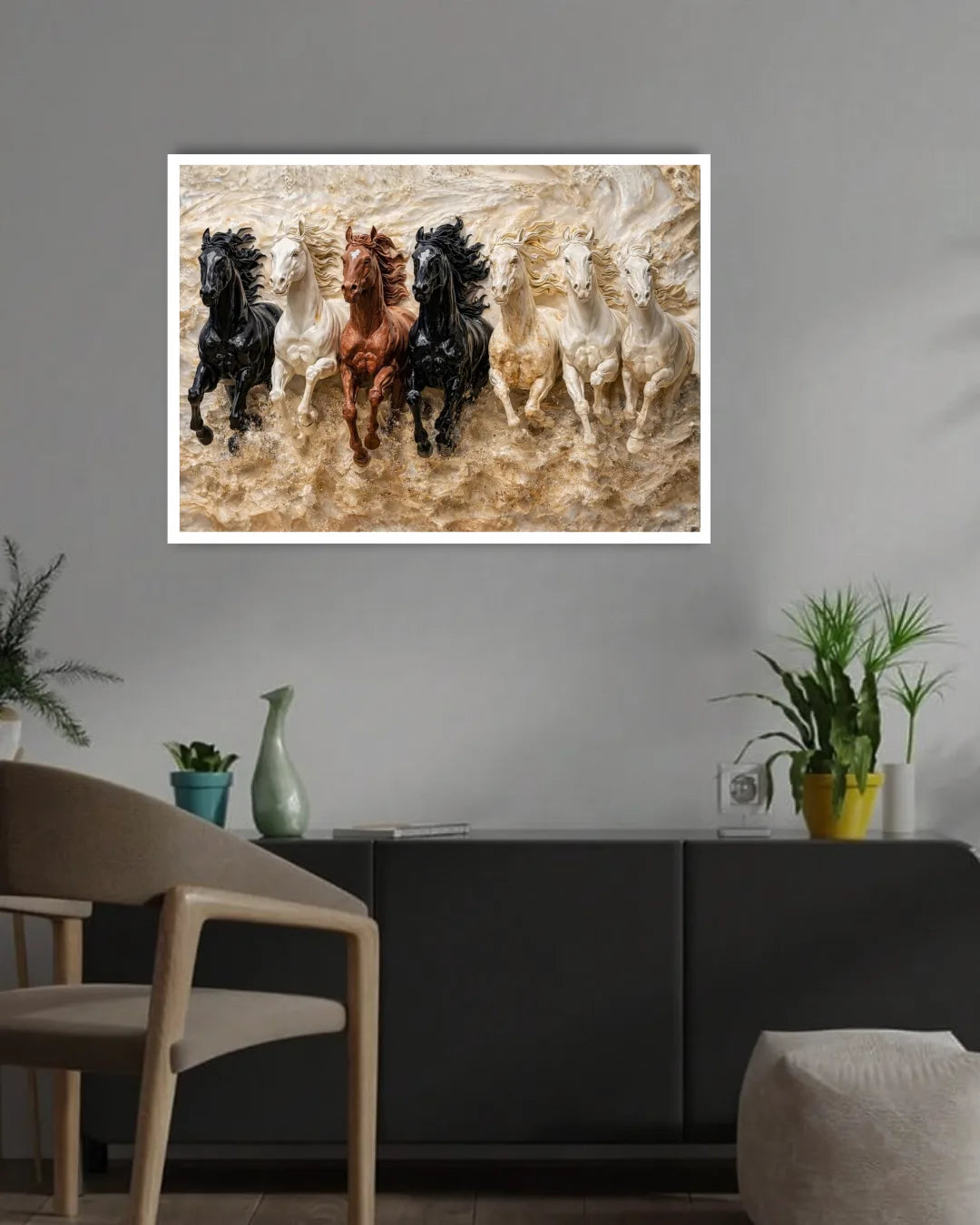 Running horses canvas painting above green sofa modern living room decor
