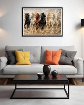Running horses canvas wall painting in stylish living room with colorful cushions
