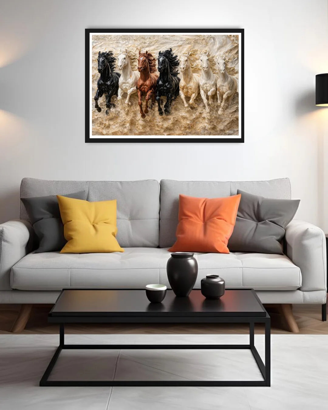 Running horses canvas wall painting in stylish living room with colorful cushions