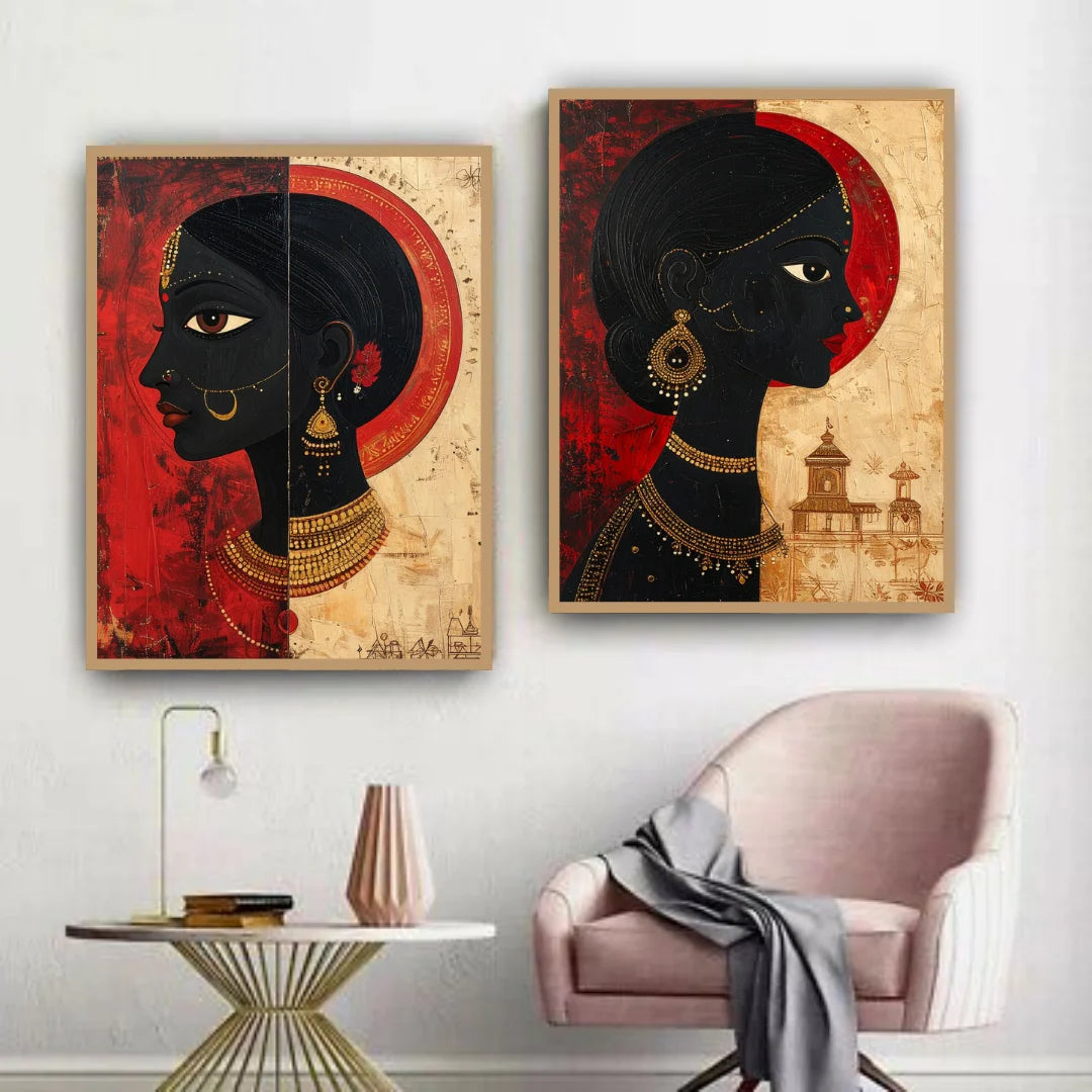 Two artistic portraits of a black woman with gold jewelry on a red and beige background, displayed in a modern interior setting.