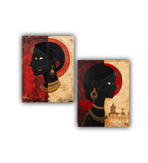 Two artistic portraits of a woman with black hair and gold jewelry on a red and beige background.